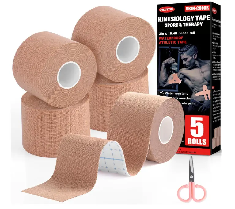 5 Rolls Kinesiology Tape, 2 inch x 16.4 Feet Waterproof Athletic Tape, Uncut Kinetic Tape, Muscle Tape, Sports Tape, Knee Tape for Exercise and Daily Use - Skin Color