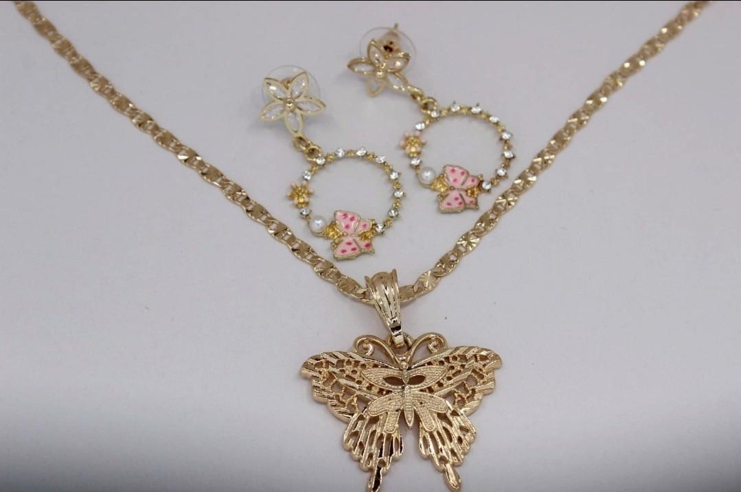 BUTTERFLIES fashion set regular chain style plain with earrings pink Gold-plated