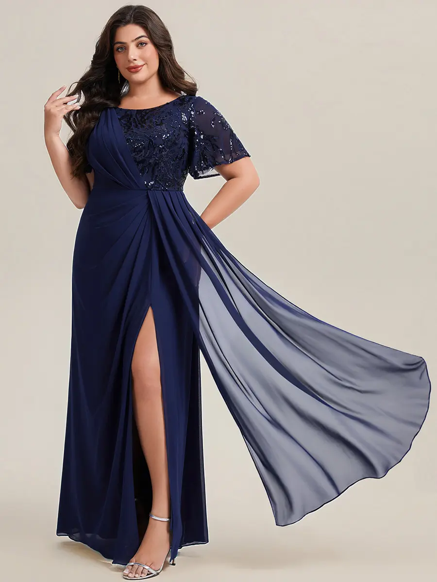 EVER PRETTY Plus Size A-Line Chiffon Wedding Guest Dress, Embellished Short Sleeve Evening Gown for Mother of the Bride, Chiffon Evening Dress, Embellished Glam Gown, Dress For Wedding Guest