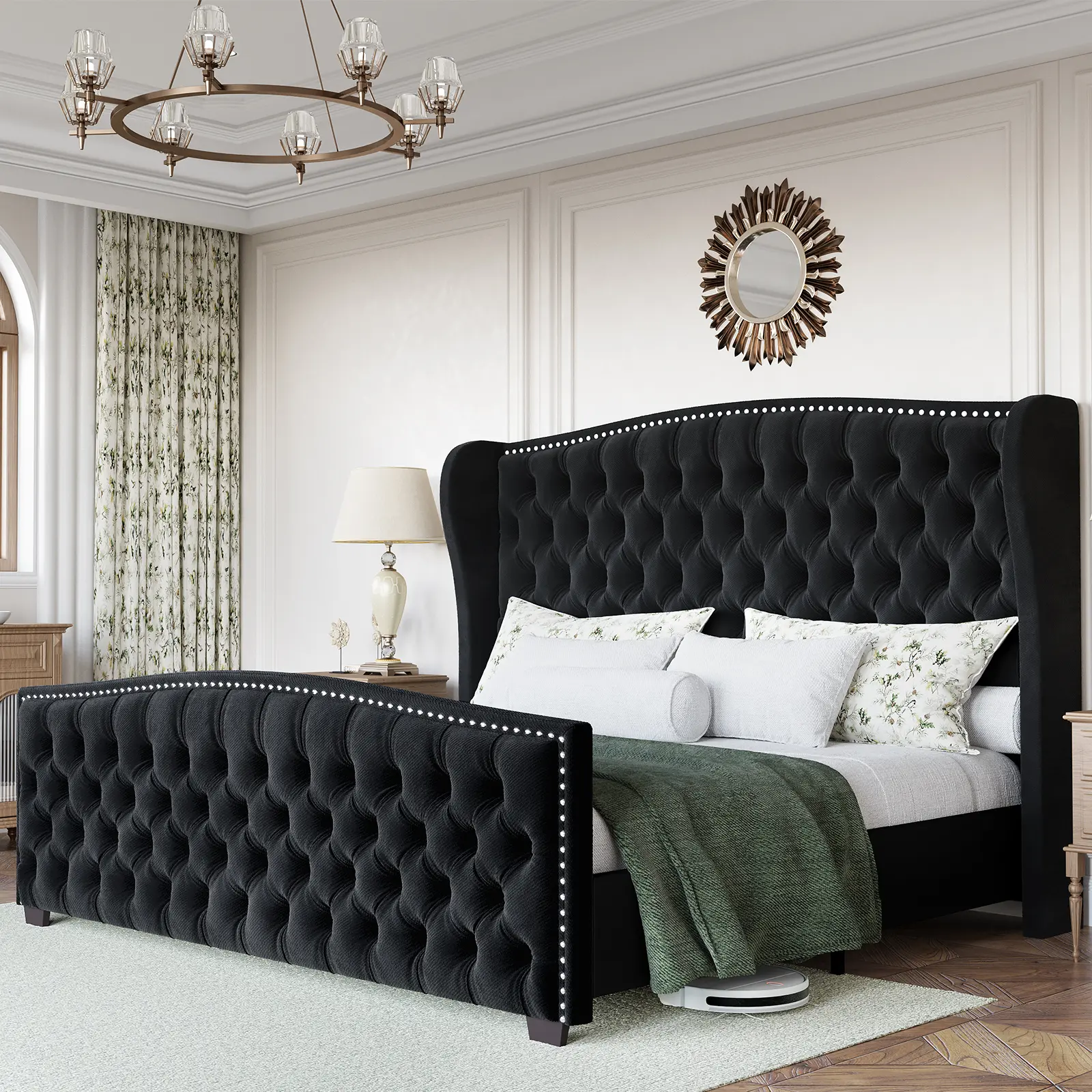 AMERLIFE Modern Bed Frame with Wingback Headboard, Upholstered Bed Frame with Handmade Button Tufted & Nailhead, Wooden Slats Support/Luxury Bedroom Furniture/Queen/King/California King Size/Christmas Gifts[tiktokshopbacktoschool][SohoChic]