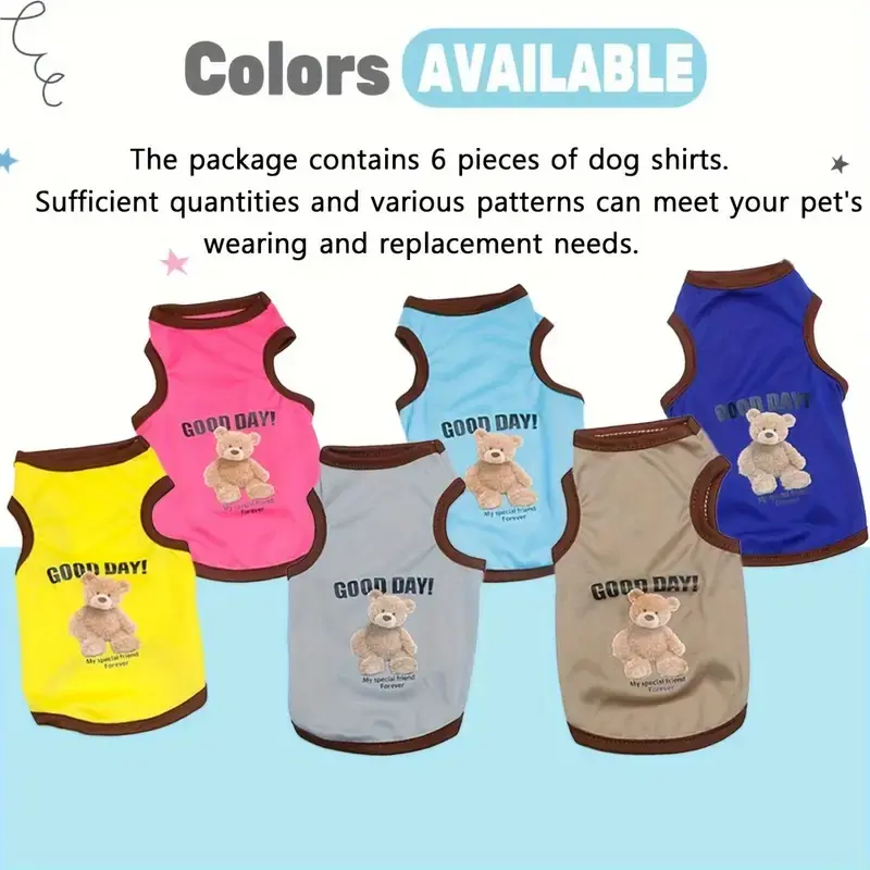 6pcs Cartoon Bear Pet Vest Set, Sleeveless Breathable Lightweight Spring Summer Apparel for Small-Medium Dogs & Cats, Pet Clothes