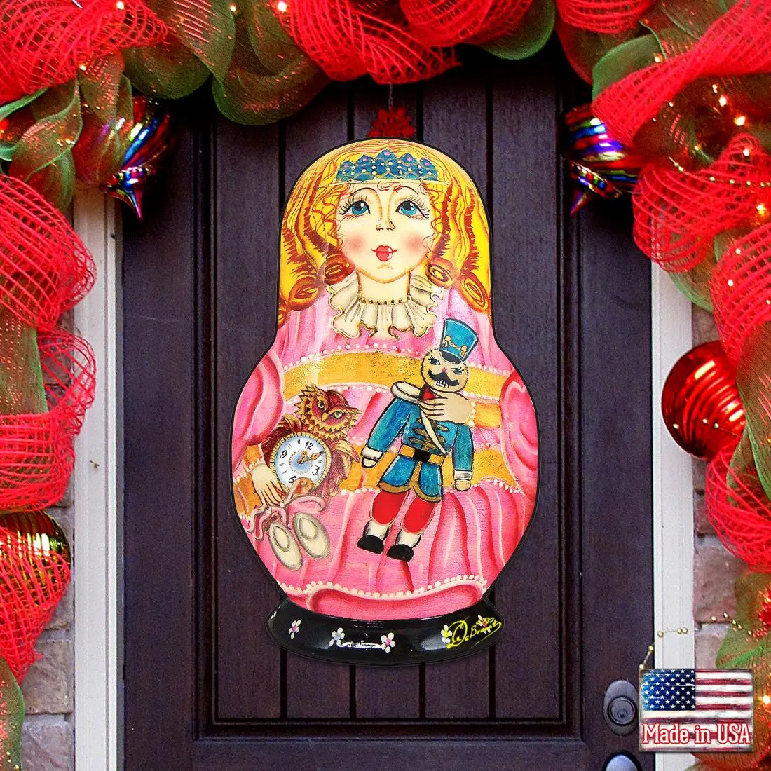 Designocracy 8115152H 24 x 18 in. Decorative Wooden Clara Nutcracker Nesting Doll Wall Hanging - G. Debrekht Artistic Studios UV-Coated Christmas Decoration, Outdoor-Safe Wall Decor, Ideal Door/Window Gift