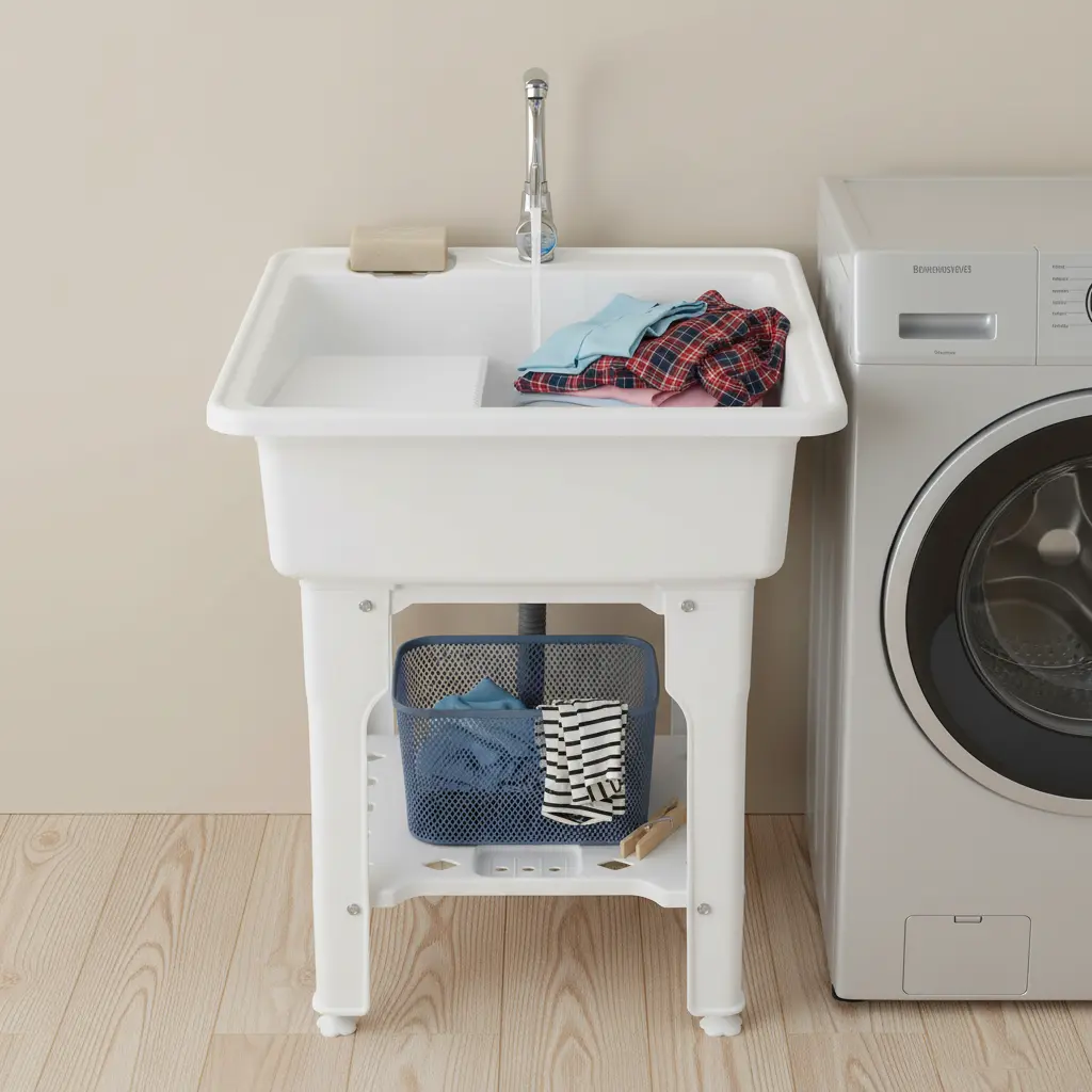 Small Lightweight Modern Freestanding Laundry Sink Unit Station with Washboard, Faucet, Basin for Garage, Basement Pet Bath Storage