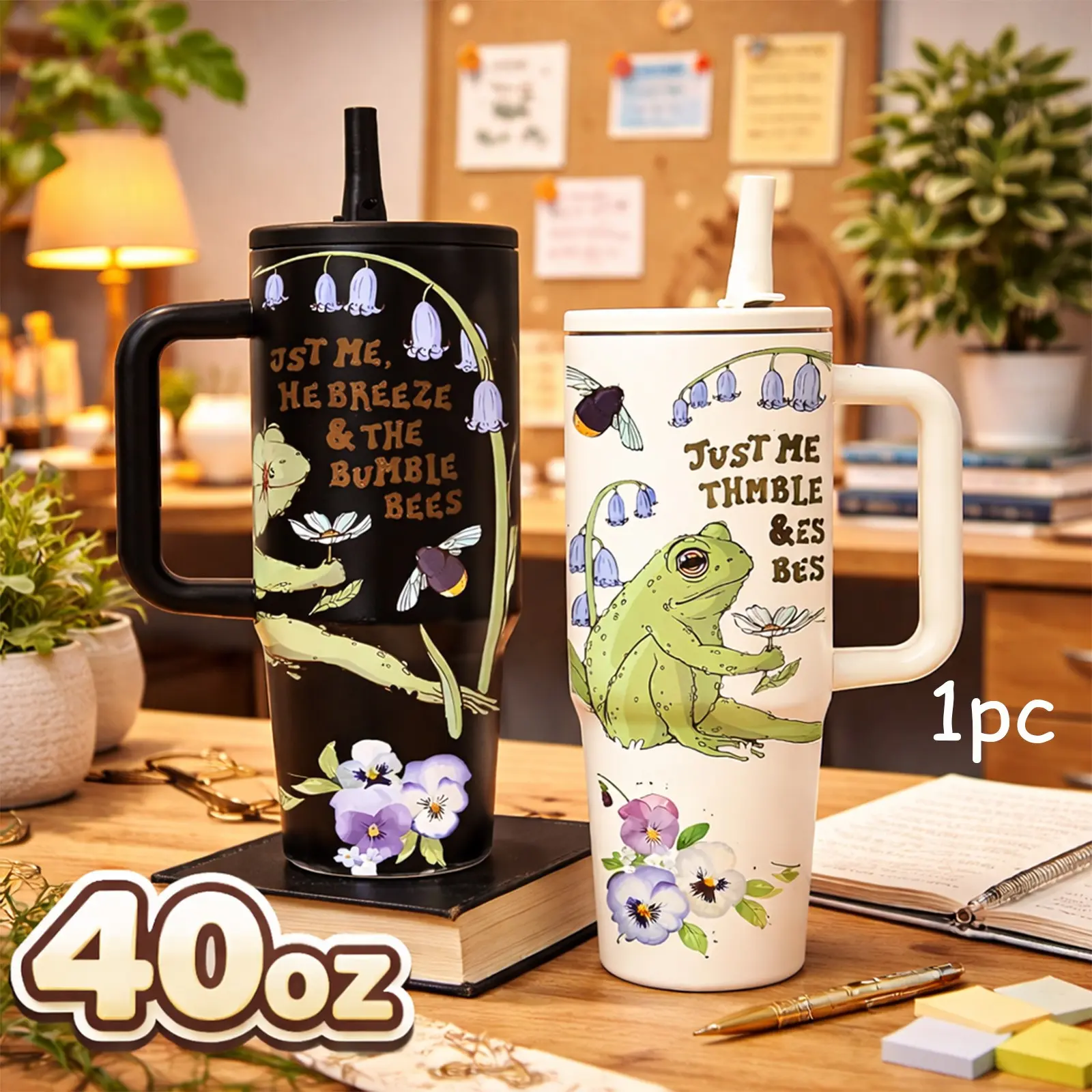 1 Pc 40oz insulated mug, Stainless Steel, frog and floral print, cottagecore style tumbler, double wall vacuum cup, leak proof lid, keeps hot 12 hours cold 24 hours, gift for women men, reusable, Insulated Travel Tumbler