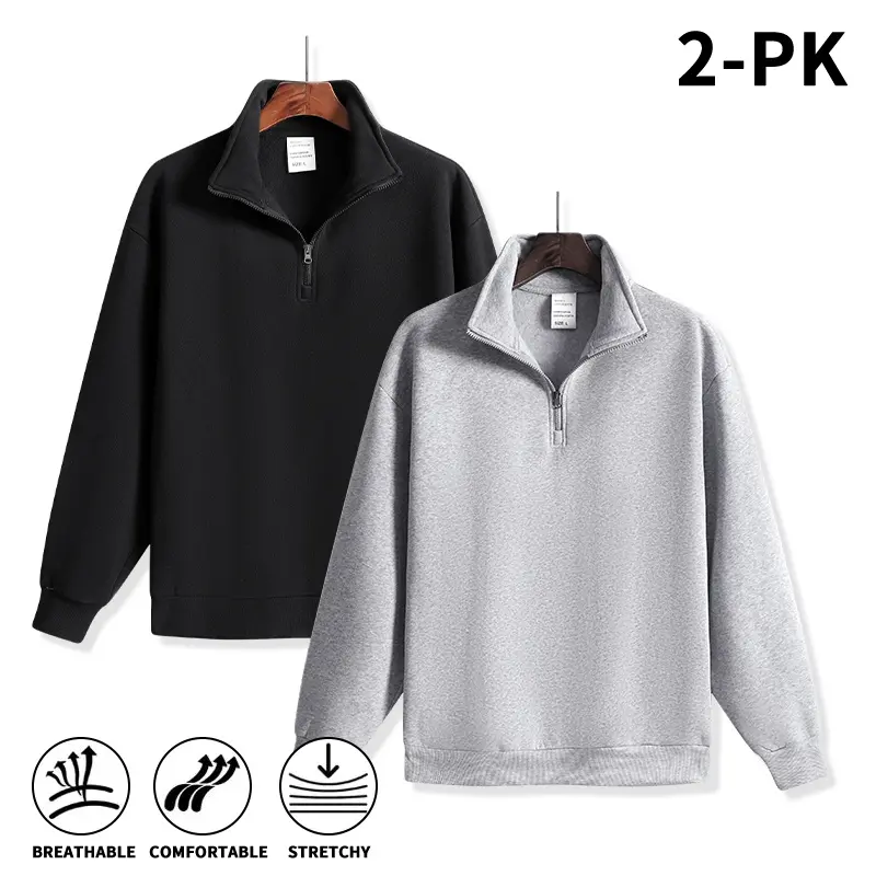 Fall Winter Men's 2-Pack Soft Comfort Quarter Zip Sweatshirts, Stretchy Breathable Stand Collar Long Sleeve Pullover Shirts, Loose Casual Athletic Tops for Daily Outdoor Sports Street Matching buckzip clothing