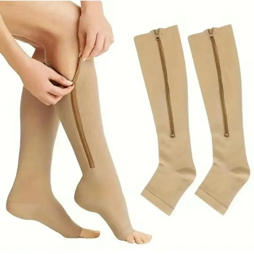 Compression Athletic Socks for Adults - Knee-High, Sturdy Zipper, Thick Non-Slip Nylon Stockings with Grip Pads, Graduated Compression for Blood Circulation, Swelling Reduction, Restless Legs Ease, Ideal for Nurses, Flight Travel & Cycling (1 Pair)