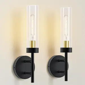 Black & Gold Glass Wall Sconce, Modern Vertical Tube Wall Light with Clear Glass Shade and E26 Bulb, 2-Pack Bathroom Vanity Lighting for Bedroom, Living Room, Hallway, or Fireplace Accent