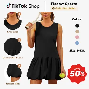 Fisoew Womens Athletic Dresses with Shorts & Pockets Backless Tennis Golf Mini Dress Bubble Hem Workout Active Outfits
