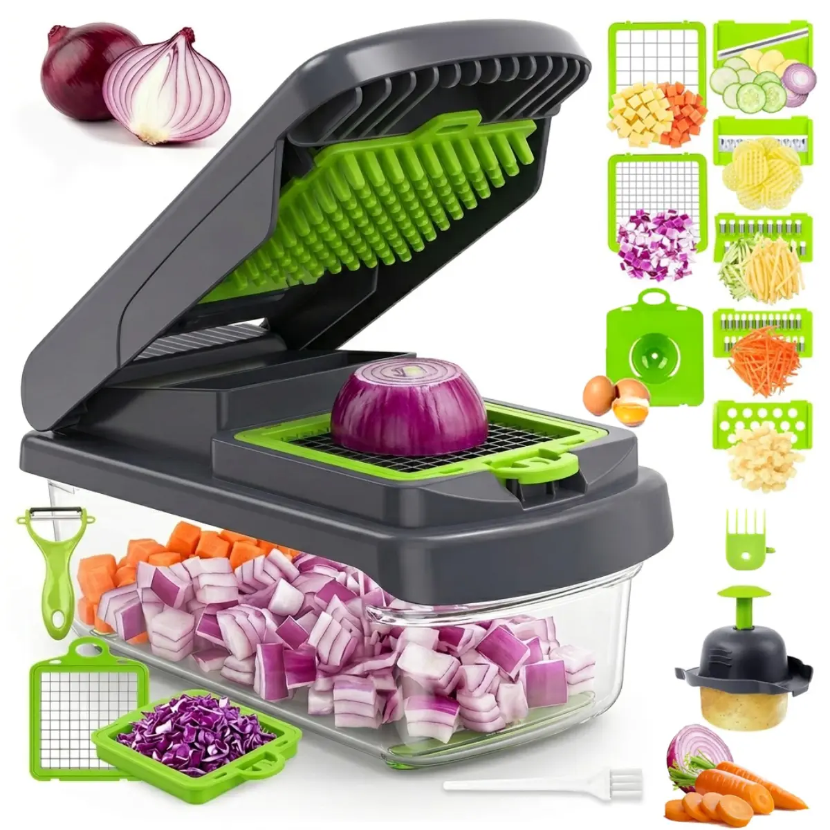 Stainless Steel 14-in-1 Multifunction Mini Food Processor Accessory Kit - Kitchen Utensil Set with Vegetable Chopper, Mandoline Slicer, Food Container, Chopping Blade, Onion Dicer, Julienne Cutter, Egg Separator, Peeler, Cleaning Brush, Chopped, Cool Gadg