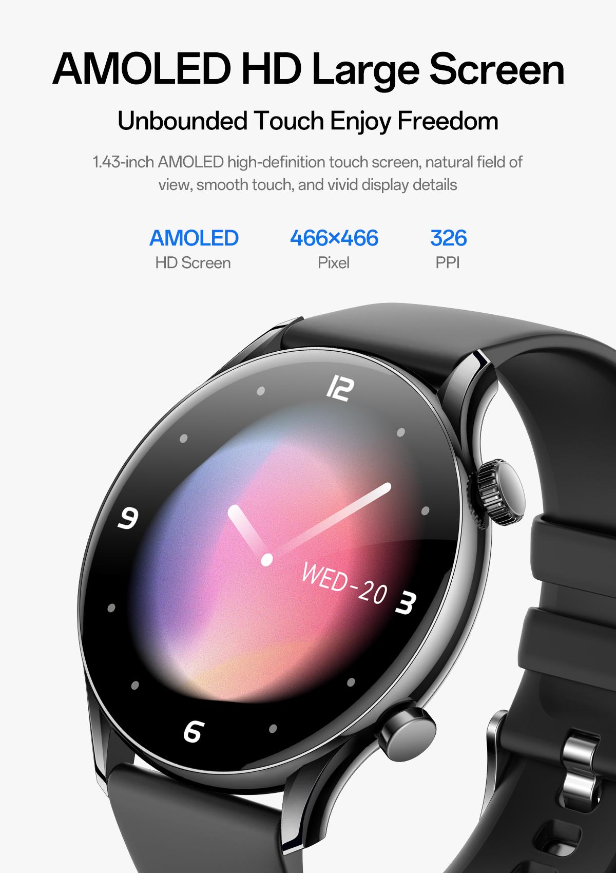 Aolon GTR3 Smartwatch — Stylish Spring Watch, 1.43" AMOLED HD display, AOD, heart rate monitoring, 110+ sports modes, waterproof, and up to 120-hour battery life. Compatible with iOS & Android, multiple colors, USB rechargeable, for Women & Men