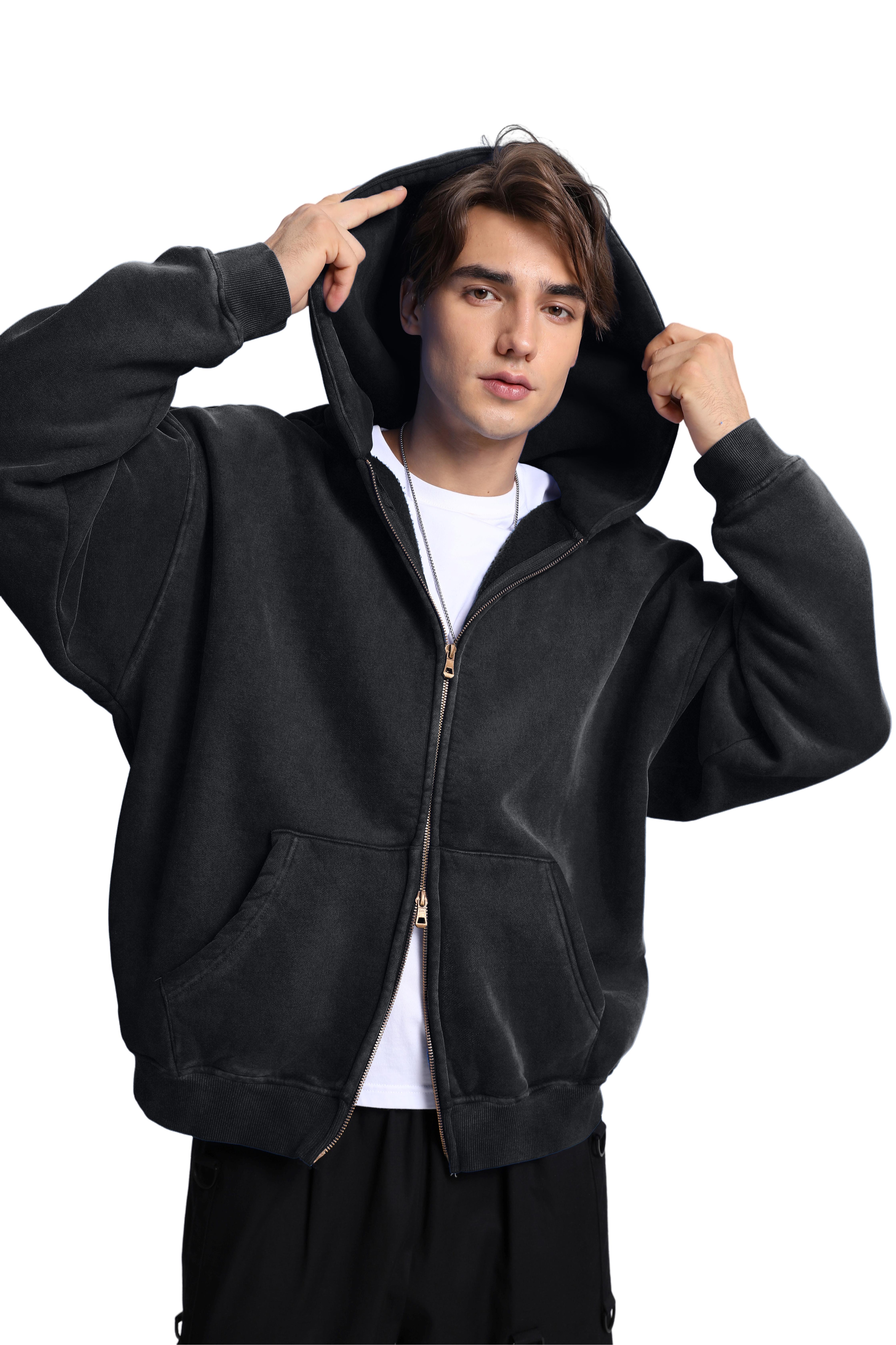 FAIABLE Unisex Double Zip Up Hoodie Oversized Acid Wash Heavyweight Fleece Cotton Zipper Hoodie Vintage Casual Soft Breathable Menswear with Pockets & Round Neck