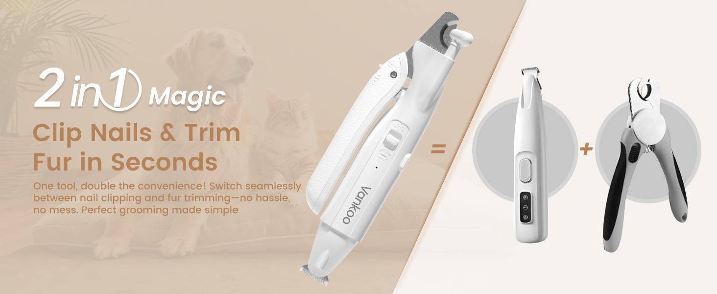 Vankoo 2-in-1 Pet Grooming Tool – LED Dog Nail Clipper & Paw Hair Trimmer, Rechargeable & Waterproof, Safe for Dogs & Cats