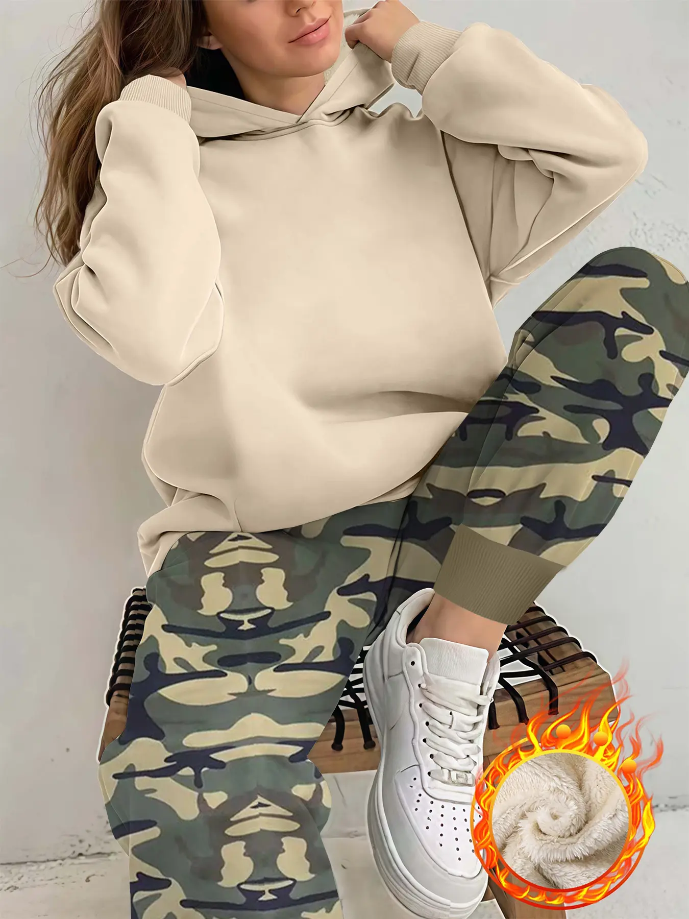 Women's Casual Hoodie Set, 2 Piece Long Sleeve Pullover & Camouflage Camo Pants, Fall Winter Thick Knit Fabric, Loose Fit Fashion Clothing