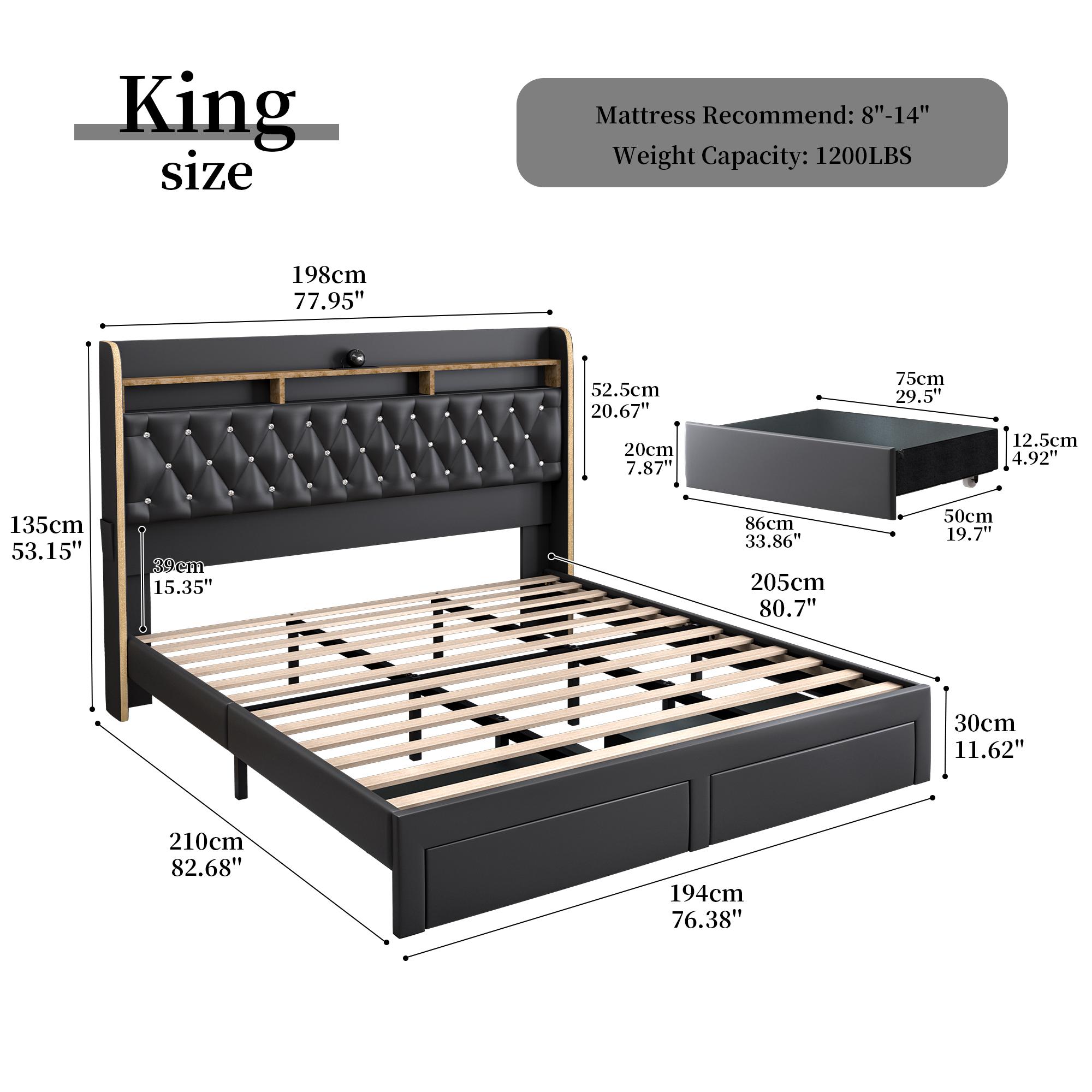 Queen LED Bed Frame with Storage Drawers, Full Size Upholstered Platform Beds with Galaxy Star Projector Charging Station Speaker, King Aurora Bedframe with 2-Tier Storage Headboard, Twin Bed, Noise-Free, PU Leather White Black, Velvet Gray Pink