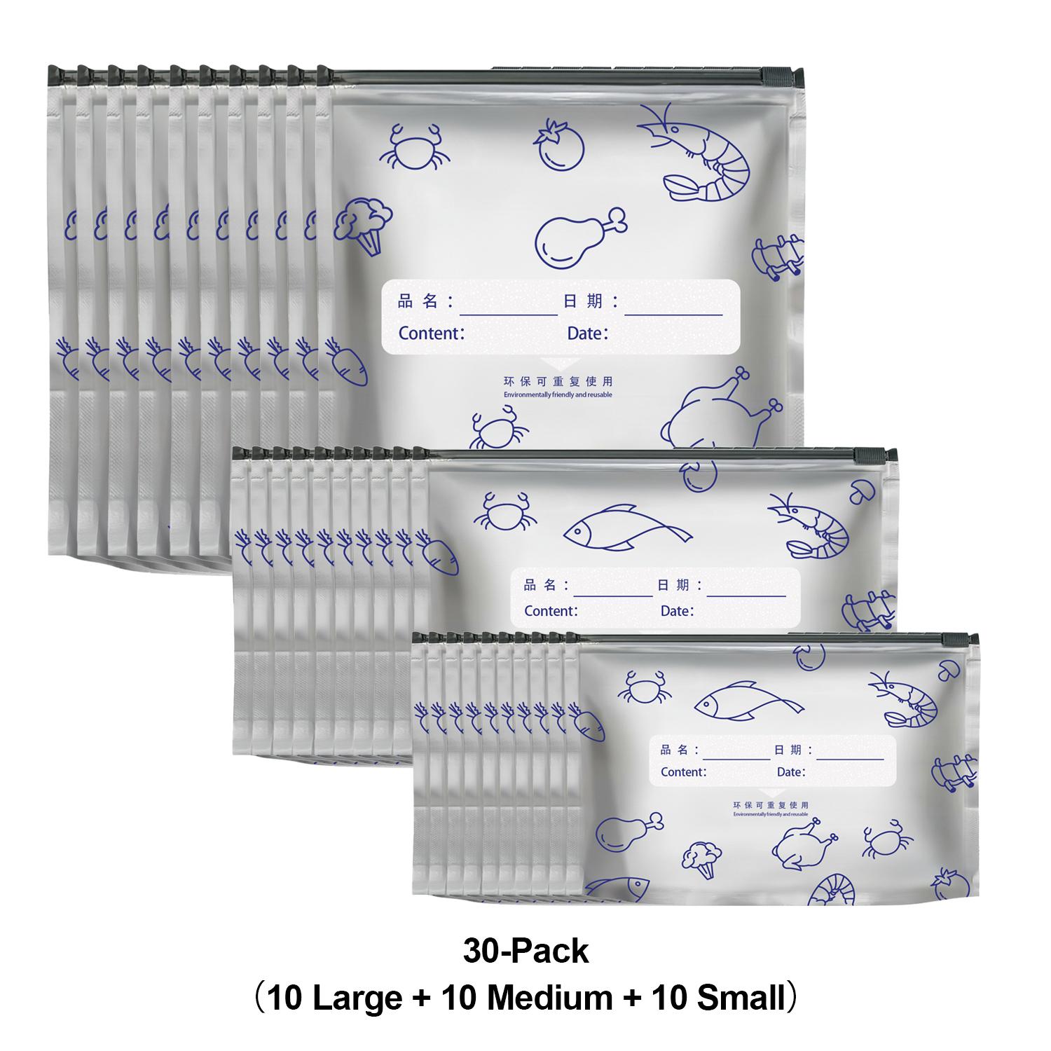MY HEART FLY 30 Pack Reusable Aluminum Foil Sealable Storage Bags, Resealable Vacuum Zipper Pouches for Food, Stand Up Foil Sealable Bags with Label and Zip Lock for Vegetable Fruit Meat