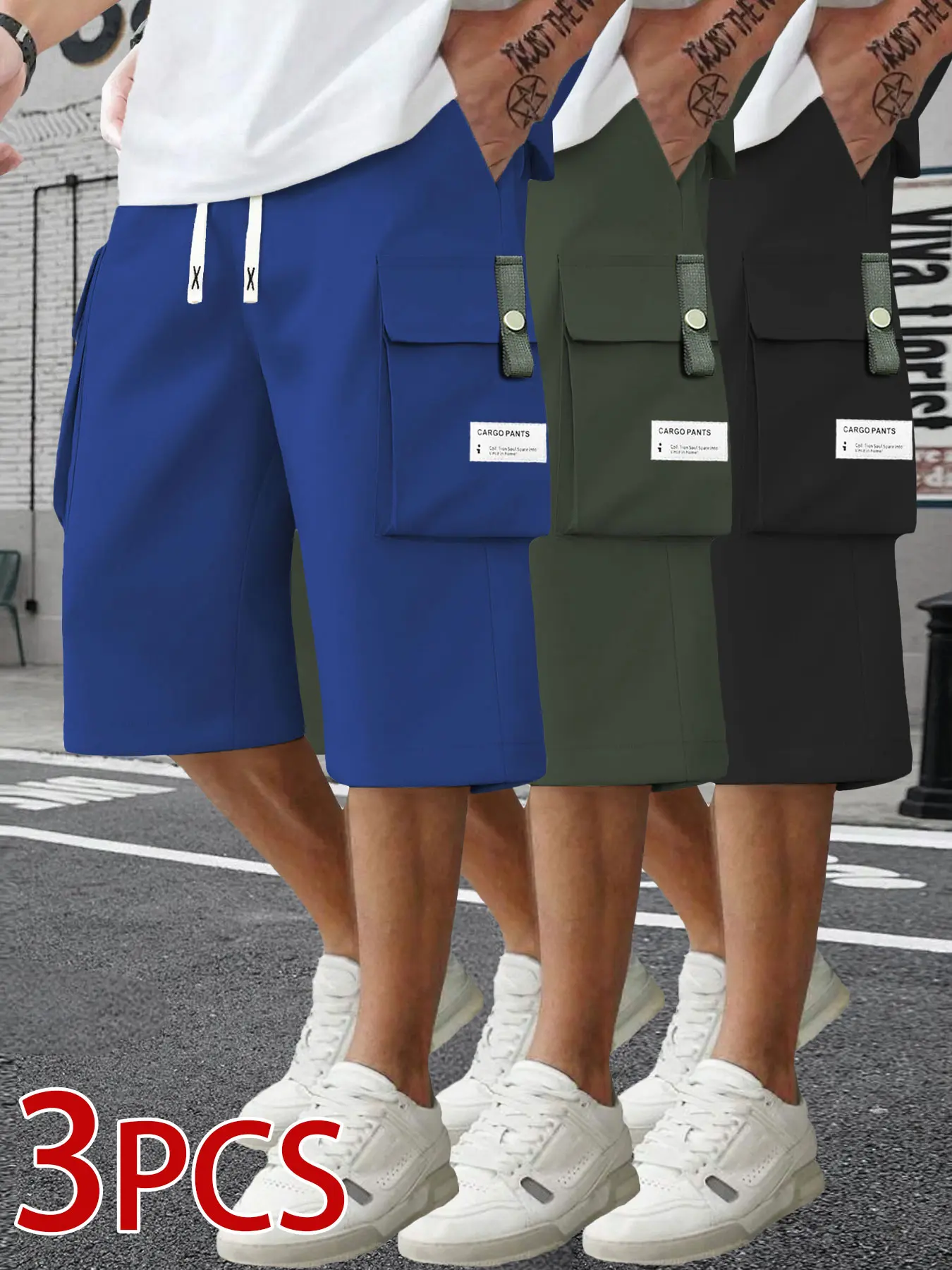 Men’s casual cargo shorts, set of 3 — loose fit with practical pockets, solid color, mid-rise length, suitable for everyday wear and sports; stylish look; durable fabric; outdoor work pants