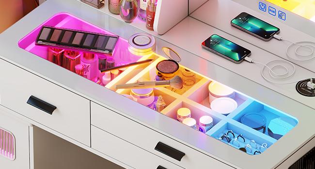 Miu Vanity Set with 24-Color RGB Lights, Wireless Charging, HD Mirror,8-Drawer Chest, Cushioned Stool & Large Storage Furniture Organizing