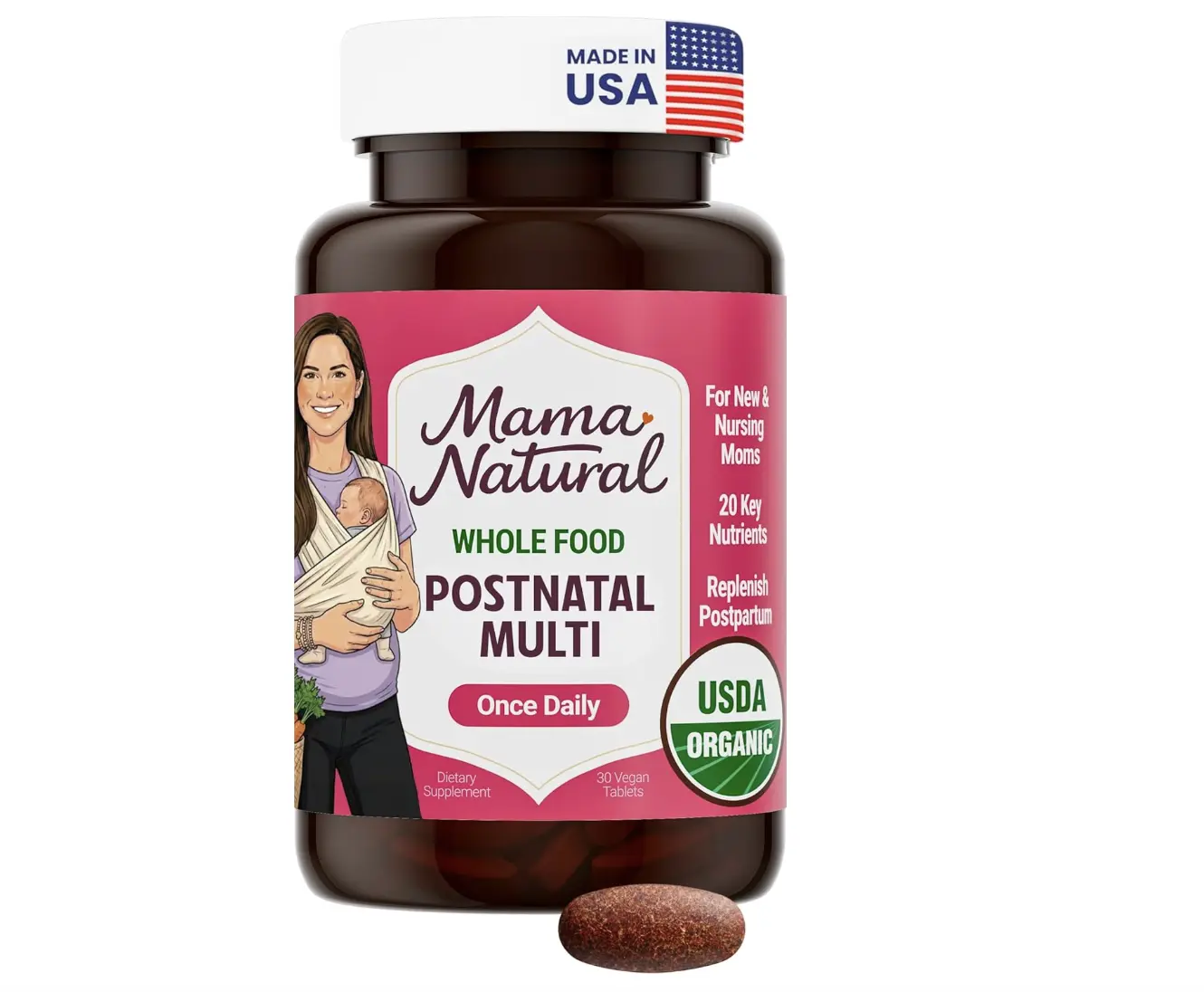 Mama Natural Organic Postnatal Vitamins for Women | One A Day Whole Food Postnatal Multivitamin for Breastfeeding & Postpartum Support | Non-GMO with Iron, Iodine & Moringa | 30 Servings