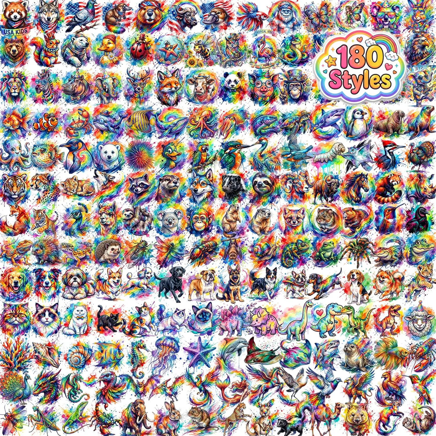 180 PCS Kids' Pre-Cut Watercolor Animal Temporary Tattoos - Solid Boxed Assortment Sheet Tattoo Art, Youth Birthday Party Favors, Classroom Rewards Gifts