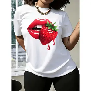 Strawberry Lip Print Casual TShirt for Women with Short Sleeves and Regular Fit Ideal for Spring Summer and Fall Perfect for Sisters