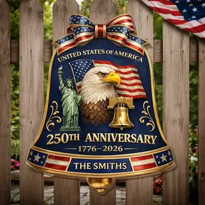 Personalized 250th Anniversary USA Bell Wood Sign, Custom Family Name Patriotic Door Hanger, United States 1776-2026 Commemorative Plaque, Historical Independence Day Celebration Gift, Premium 4th of July Welcome Sign
