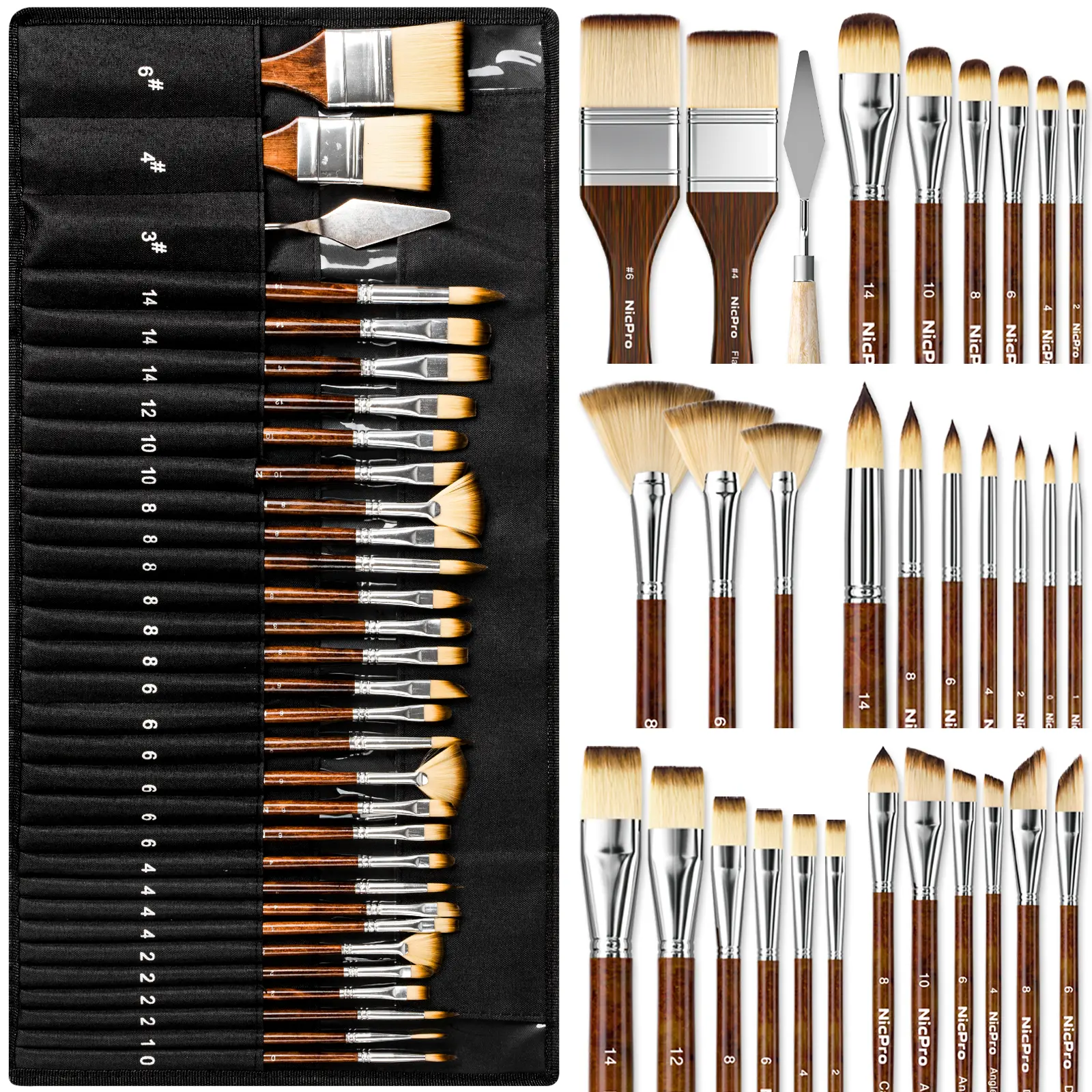 Nicpro 30pack Paint Brush Set, Professional Paintbrushes with Paint Spatula and Cloth Roll, Craft Paint Brushes for Acrylic Painting, Oil, Watercolor, Gouache, Art Supplies for Artists and Beginners,back to school,back to school shopping