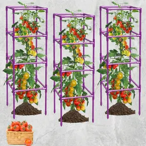 Tomato Cage 3 Pack Purple, Square Tomato Trellis for Garden, Heave Duty Tomato Cages, Plant Cages Supports for Climbing Plants and Vegetables- 10 Clips Included