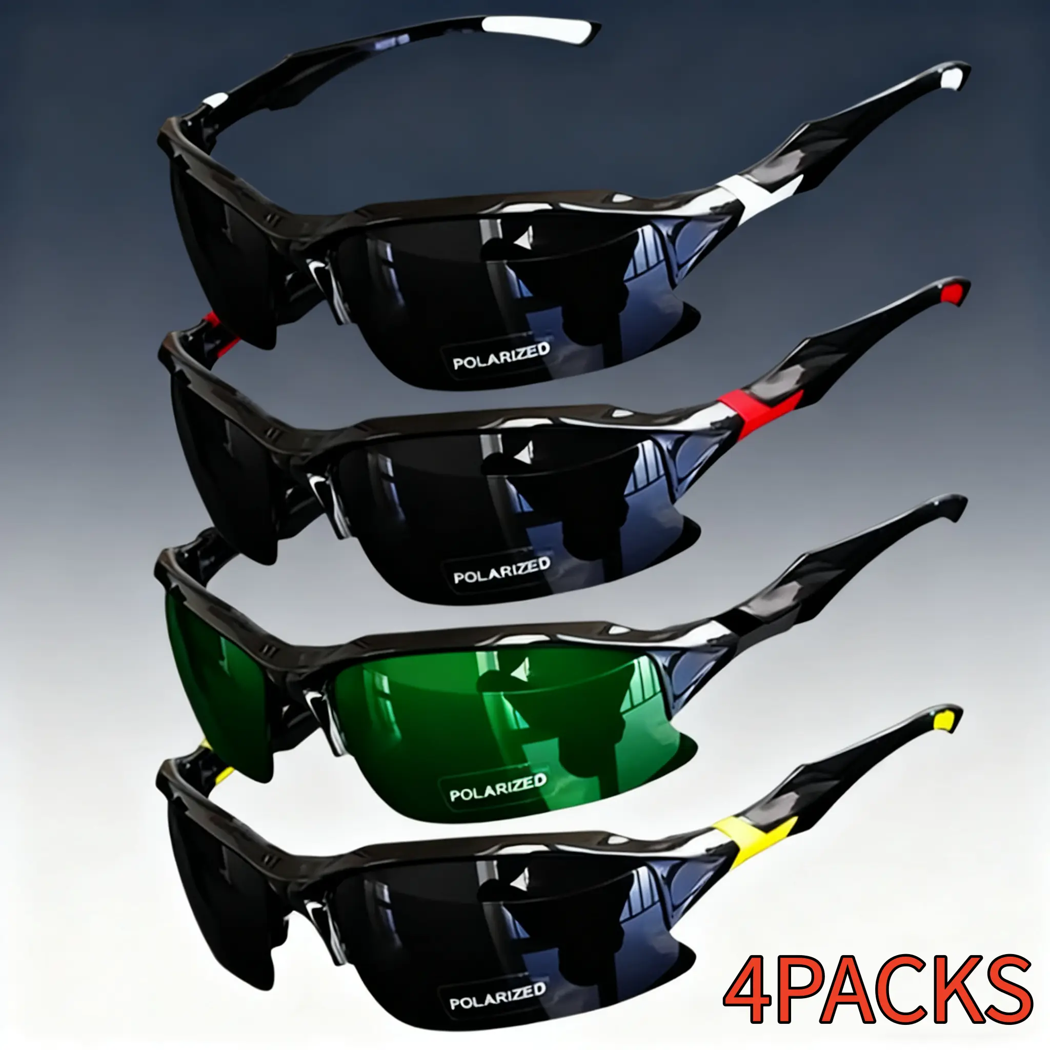 Men's 4-Pack Outdoor Sports Sunglasses - Wraparound Motorcycle Frames, Polarized Anti-Glare Lenses, Windproof for Driving, Baseball & Daily Use, Synthetic Unisex Fashion Accessory, Cool Gift for Guys