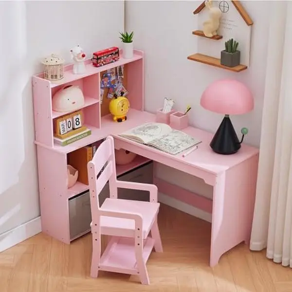 Kids Corner Desk, Desk and Chair Set for Children, L-Shaped Kids Study Table – Features Bulletin Board, Open Shelves & Storage Cabinets, Fabric Drawers, Pink wlm tractor all-weather wicker mixed brown Stackable Outdoor Dining indoor-outdoor use fire pit