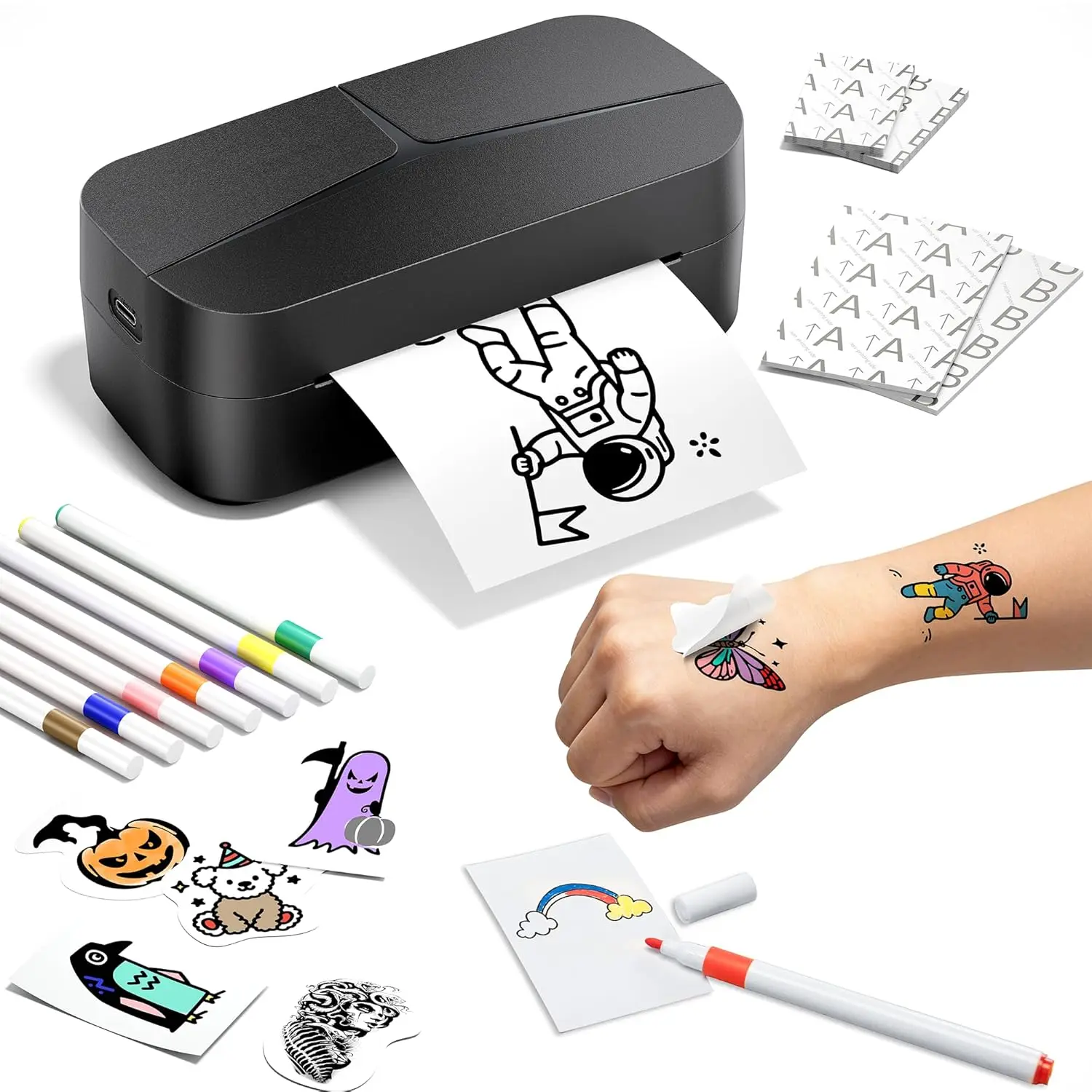 Phomemo DIY Temporary Tattoo Maker, TK32 Tattoo Maker for Kids & Adults, Create Custom Tattoos with AI Voice & Text Design, DIY Tattoo Sticker Kit with 50 Papers & 8 Markers, Perfect for Parties, Events & Gifts, Black TikTokShopBackToSchool