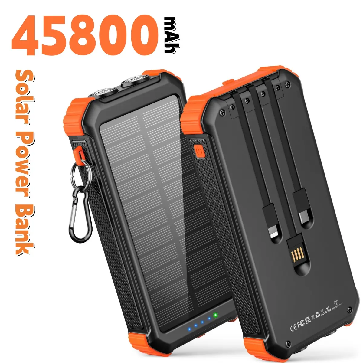 GOODaaa High Power Solar Portable Charger - 45800mAh Chargeable EDC Gear, 4 Outputs, Dual LED Flashlights, USB-C In/Out, QC3.0 18W Fast Charging, 5V/3.1A, Micro USB Compatibility, Multi-Charging Options, Phone Accessory for Most iOS & Android Smartphones