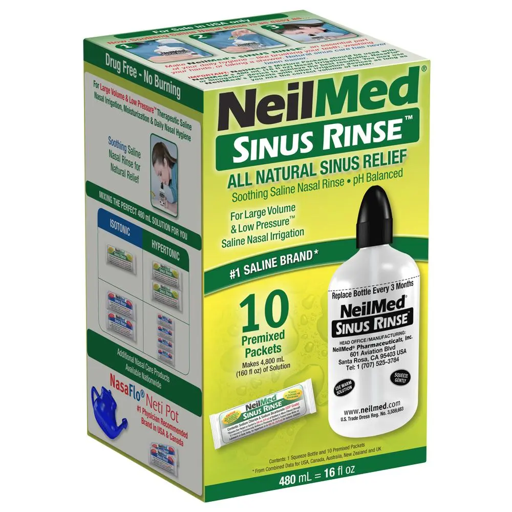 NeilMed Sinus Rinse Extra Large 16oz Bottle Kit - All Natural Sinus Relief - Large Volume Low Pressure Nasal Irrigation - 10 Premixed Packets - 480mL