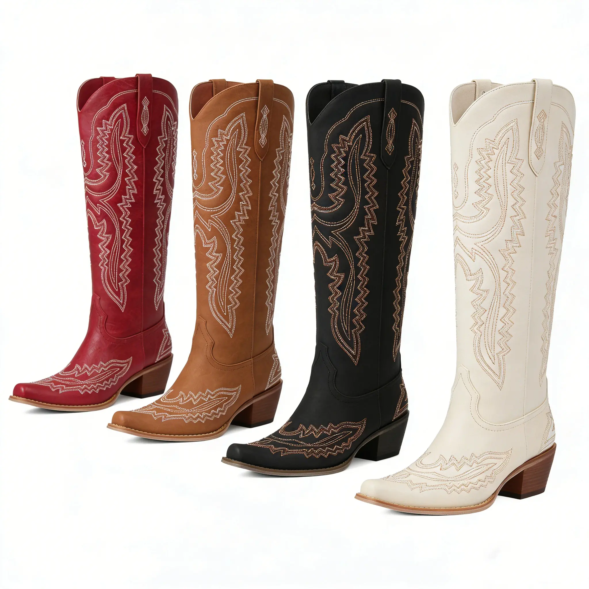 Women's Cowgirl Boots - Western Embroidered Knee-High Pointed Toe Fashion Footwear, Cowgirl Booties with PU Upper, Embellished Cuban Aesthetic for Stylish Western Ootd Outfits