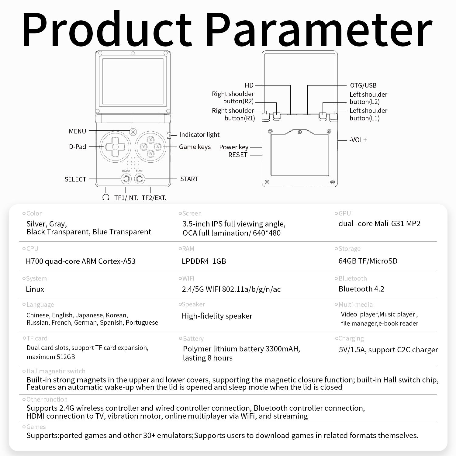 ANBERNIC RG35XXSP Handheld Game Console 3.5" IPS Screen Flip Game Player Linux System Battery 3300mAh HDMI connection to TV Transparent RG35XX SP Handheld Retro Gameing Console Gifts