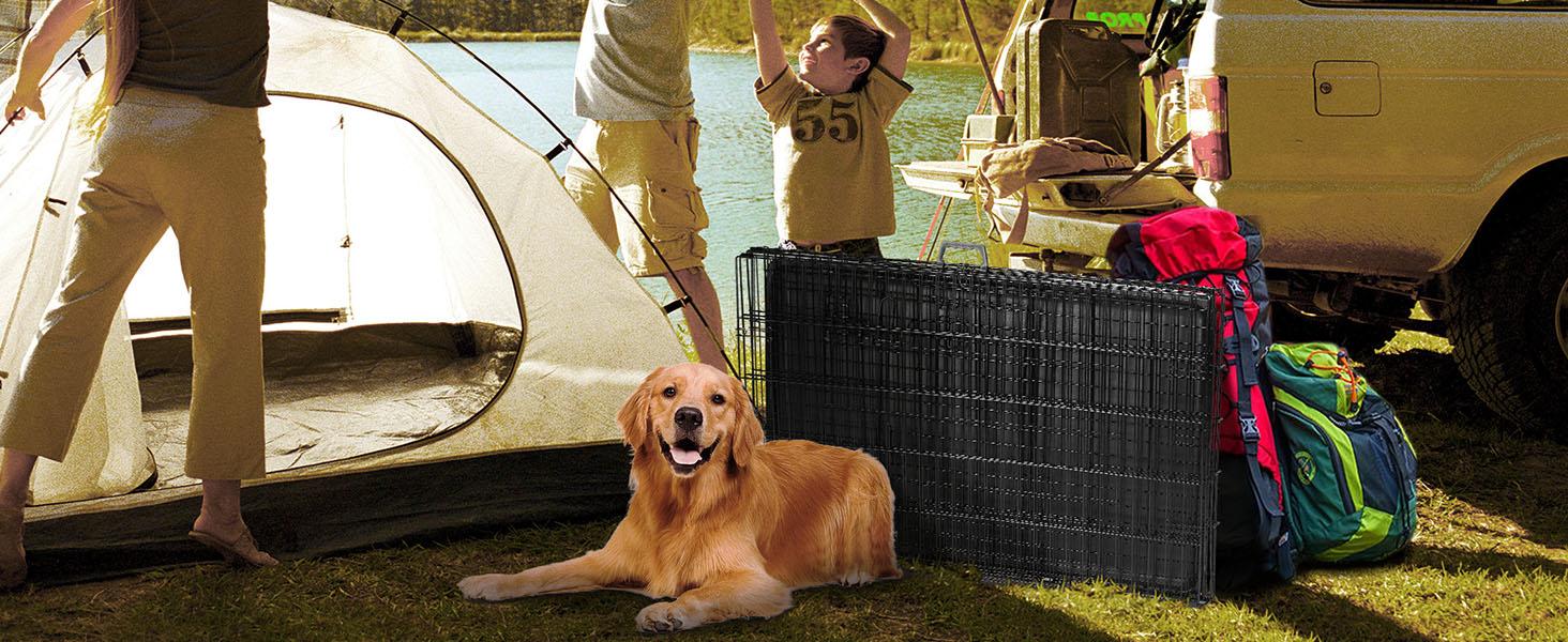 Large Dog Crate with Divider Panel, 24''/30''/36''/42''/48'' Double Door Folding Metal Wire Dog Cage with Plastic Leak-Proof Pan Tray, Pet Kennel for Indoor, Outdoor, Travel dogcrate training