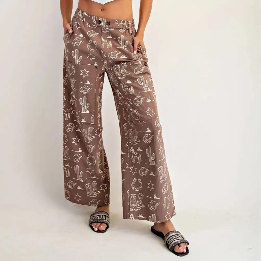 Rodeo Trails Pants - Western Cowboy Print Oversized Patch Pockets Stone-Washed Cotton Relaxed Straight-Leg Fit with Rivet Details