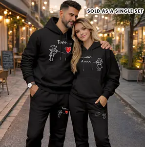 Couple's TEEE & AMOO Print Hooded Sweatshirt and Drawstring Sweatpants Set (Sold as a Single Set), Casual Sportswear, Long-Sleeve Hooded Jacket and Pants, Suitable for Autumn and Winter, Everyday Wear, Tracksuit, Casual Athletic Wear