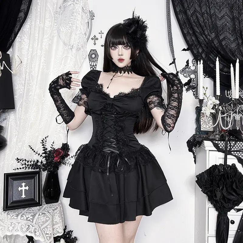 Gothic dark style black dress subculture new versatile pure desire spicy girl strap short skirt