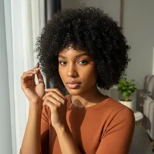 Glueless Wigs Human Hair 8Inch Afro Kinky Curly Natural Color Wig for Women Human Hair Soft and Fluffy Glueless Wigs 70s 80s Kinky Curly Wig Cosplay or Daily Use Wigs 180% Density Pixie Curl Afro Wig Onetide Hair