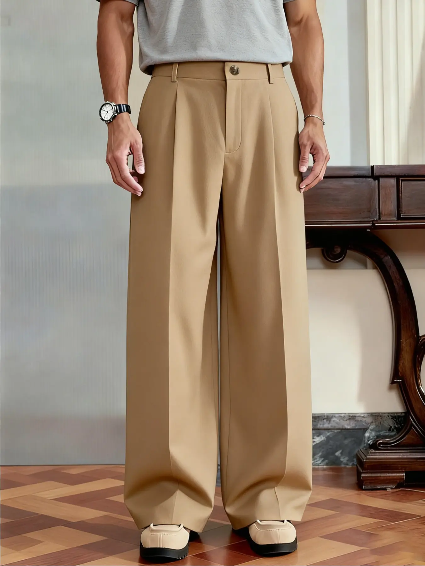 Men's Loose Fit Wide Leg Plain Pants, Casual Commuter & Daily Wear, High-End Slimming Suit Long Trouser Pants, All Seasons Fashion, All Season Trousers, Menswear