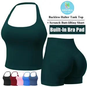 BBFIRA Halter Backless Sports Tank Top Workout Sets for Women 2 Piece, Gym Outfits Seamless Halter Backless Crop Top Scrunch Bum Shorts Tracksuit  Women's 2 Piece Workout Set Backless Halter Top & Scrunch Butt Lift Shorts Seamless Sporty Clothes SpringS