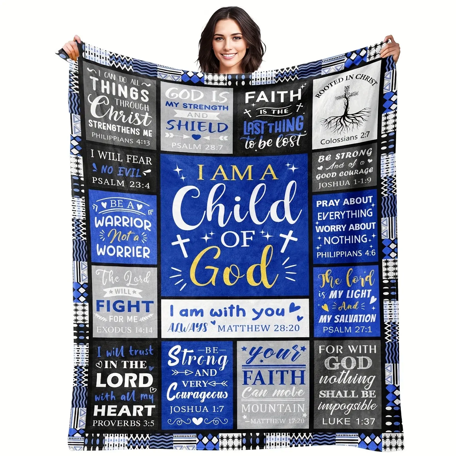 Christian Theme Religious Print Flannel Throw Blanket - Soft Plush Cozy, "Child Of God" Faith Message, Bible Verses & Cross Print, Multi-Size Warm Fuzzy for Bedroom/Sofa, Ideal Baptism Gift for Christian Home Decor, Religious Print Blankets