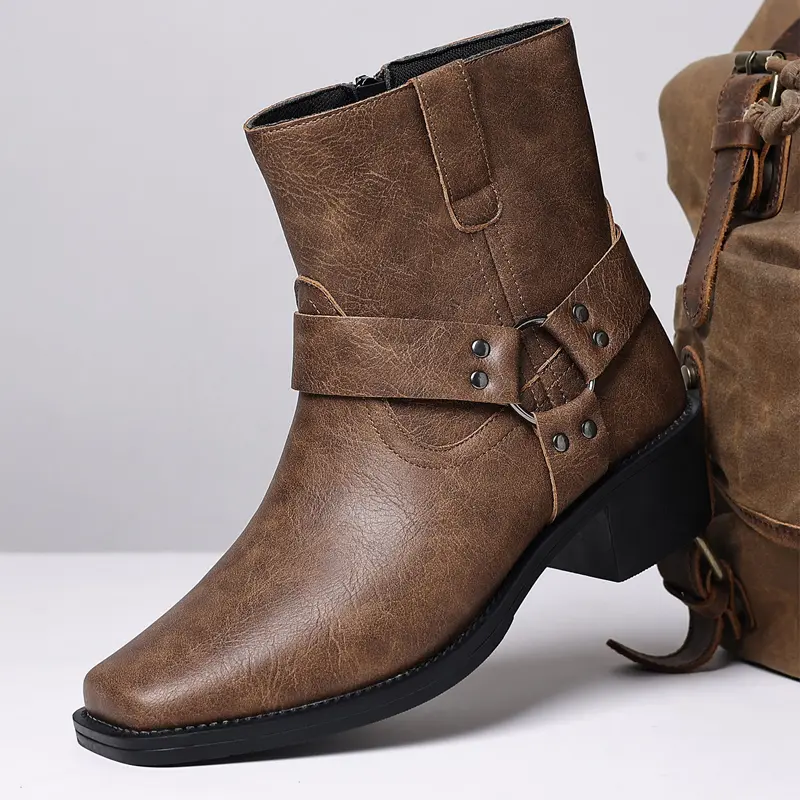 American vintage brown motorcycle boots, Western cowboy square toe short boots, chunky heel height booster that makes legs look slimmer—fashionable men’s boots