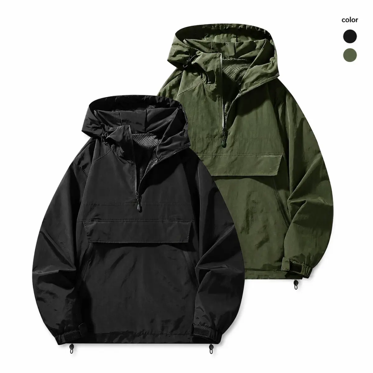 Men's Anorak Jacket - Polyamide Fabric Pullover, Stylish Long Sleeve Half-Zip Hooded Menswear with Elastic Adjustable Hem, Plain Fitted Commute-Ready Casual Wear with Pocket for All Seasons,sohochic
