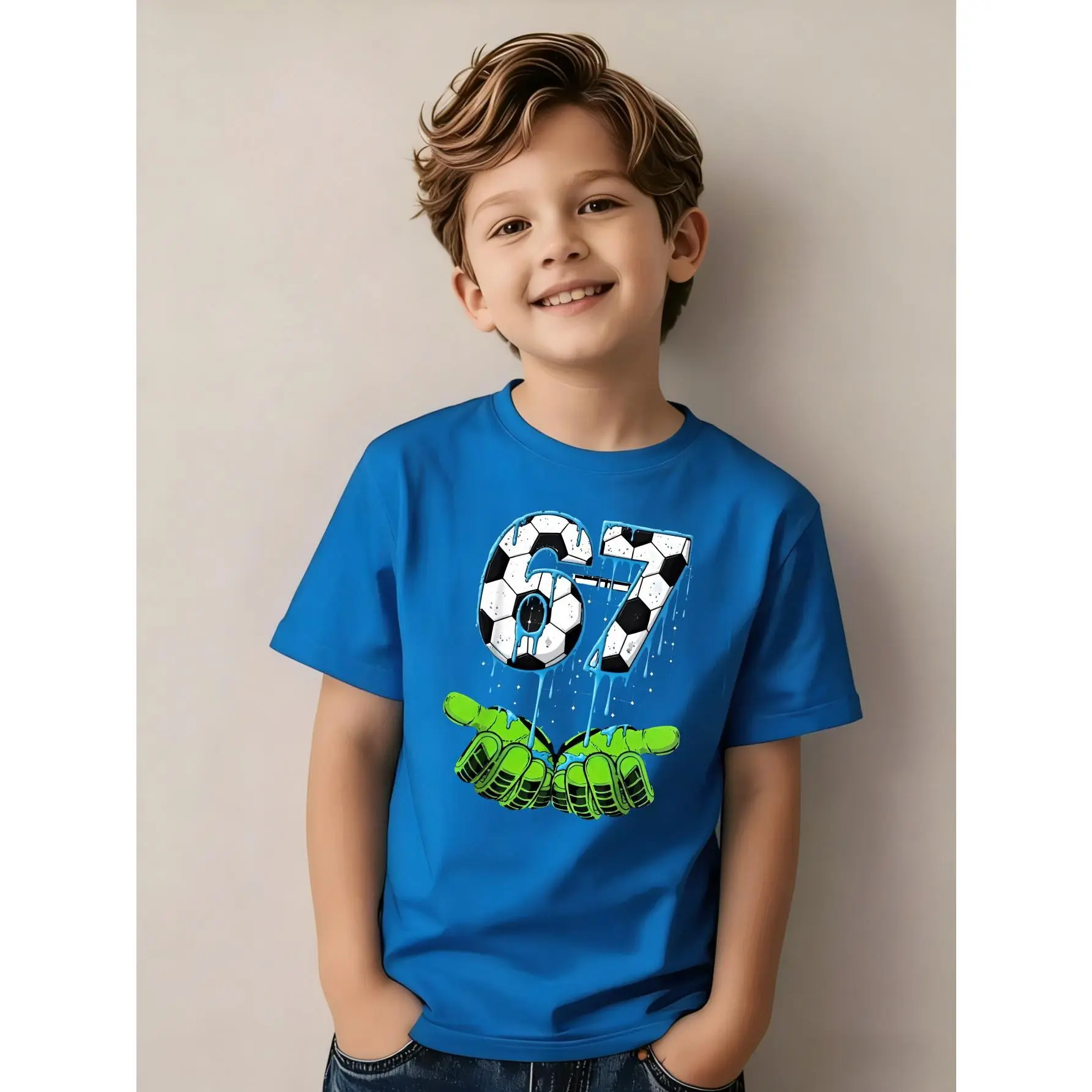 Unisex Kids' Graphic Print Tee - Soccer Ball & Gloves Themed, Soft Cotton Short Sleeve Tops, Expandable Shoulder All Seasons Cute School Top, Stocking Stuffer, Pre-Washed, School Wear, Medium Stretch, Crew Neck, Cute Tops