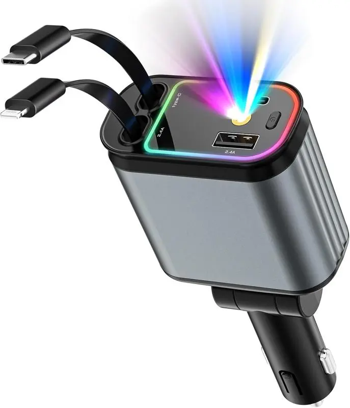 4 in 1 Retractable Car Charger with Starry Sky Light Fast Charging Adapter for iPhone & Android Anti-Tangle Cable Dual Ports 66W Power Output Universal Compatibility Starry Night LED Car Charger
