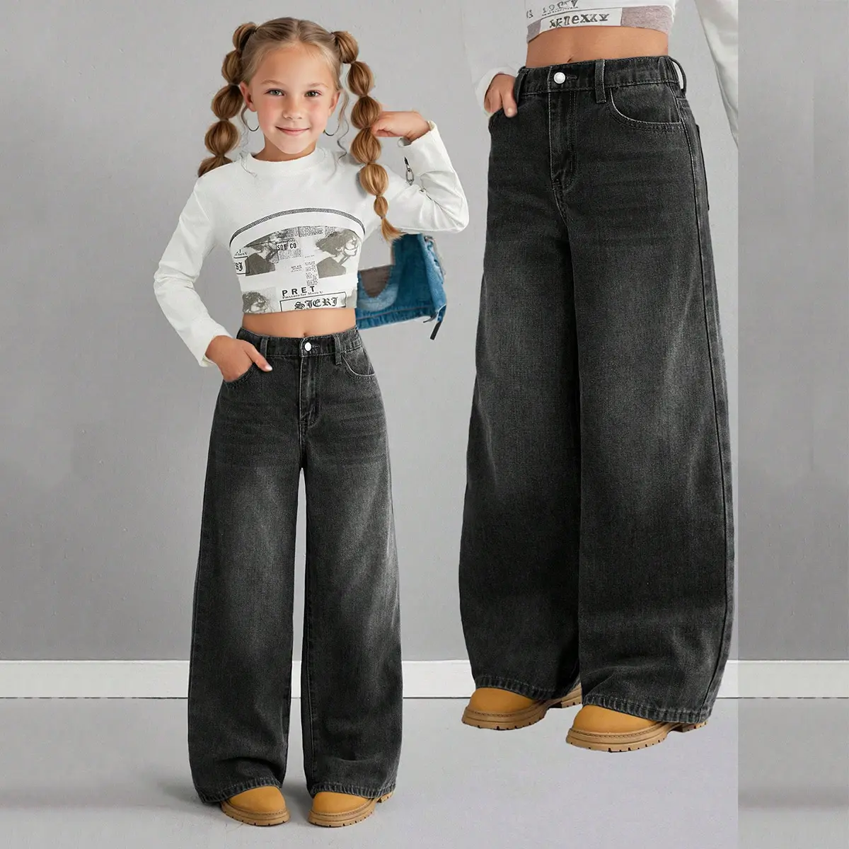 Girls' 90s Vintage Wide-Leg Denim Jeans - Kids Clothing Girls, Child-Sized, Button Front, Ages 7-13, Trendy 2026 Tween Bottoms