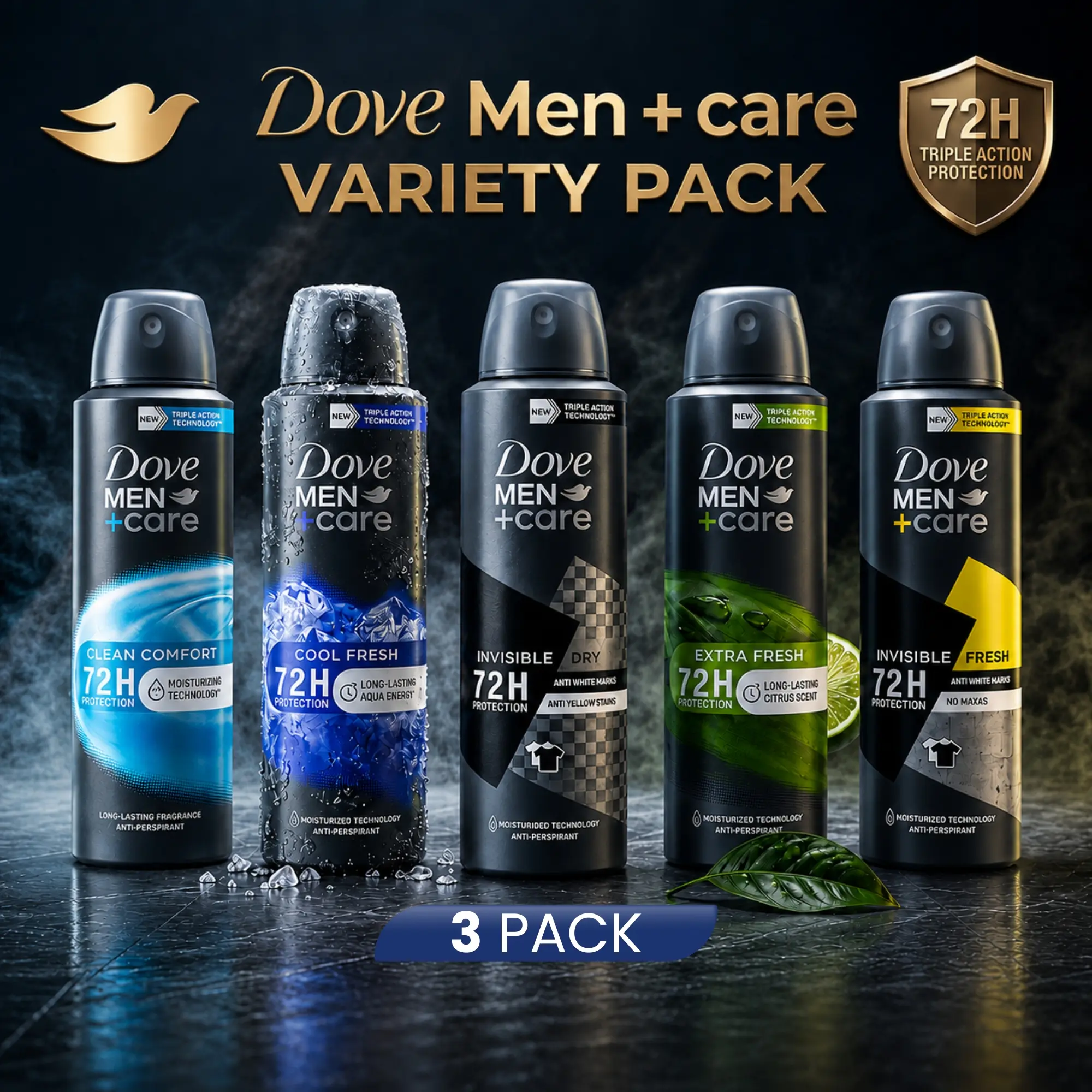Dove Men+Care 72H Triple Action Protection Antiperspirant Deodorant Spray Variety Bundle, 3-Pack (150ml/5oz) - Long-Lasting Underarms Moisturizes, Mixed Scents (Clean Comfort, Extra Cool Fresh & More) Men's Body Spray