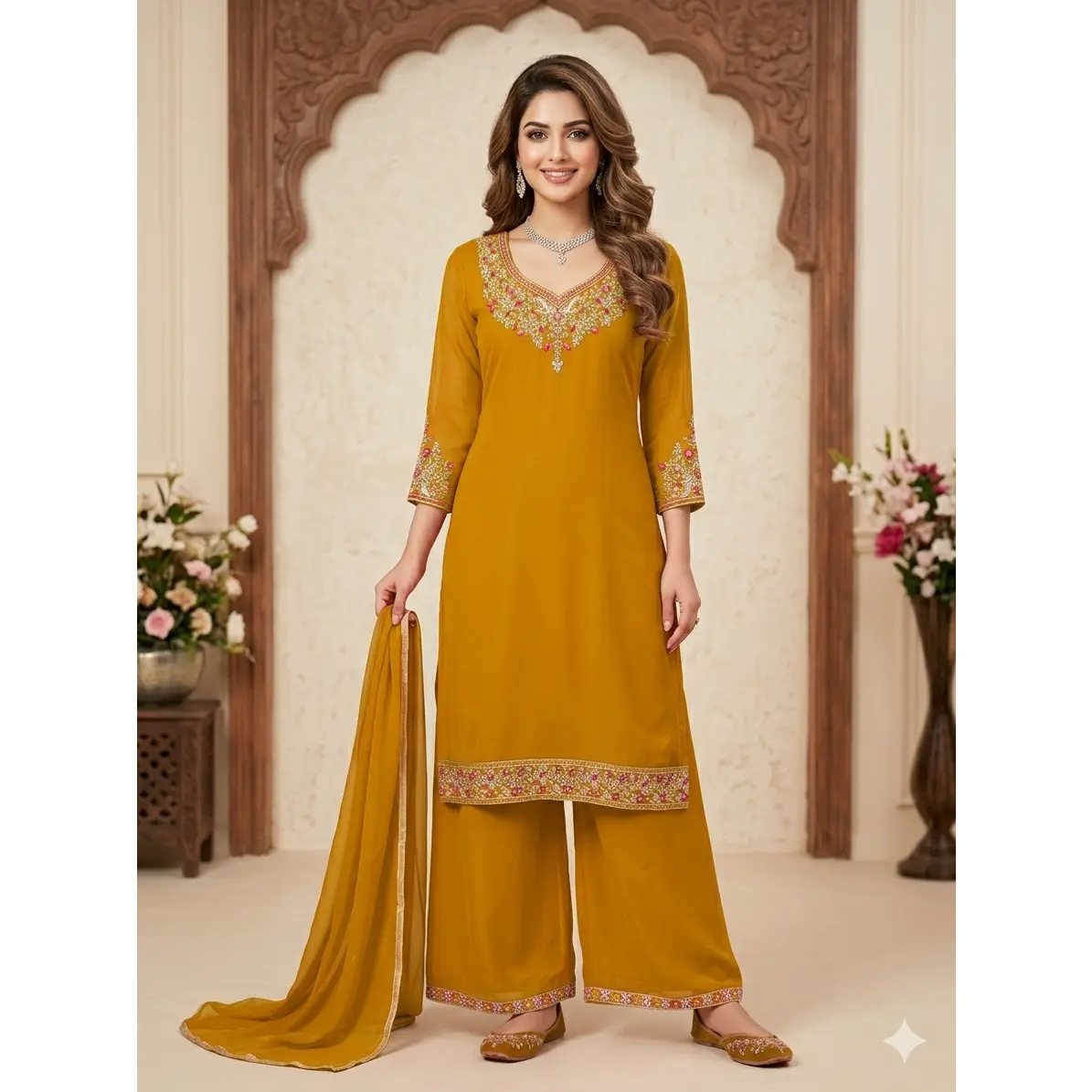 Women’s Georgette Zarkan & Embroidery Work Kurti Palazzo Set with Dupatta