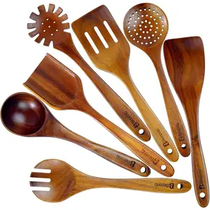 Wooden Spoons for Cooking – 7-Piece Acacia Wood Kitchen Utensil Set, Wooden Spurtles & Paddle Tools, Nonstick Safe Cooking Utensils Set Wood for Everyday Kitchen Use